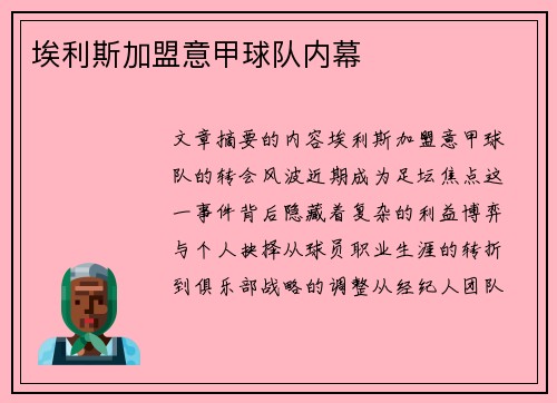 埃利斯加盟意甲球队内幕